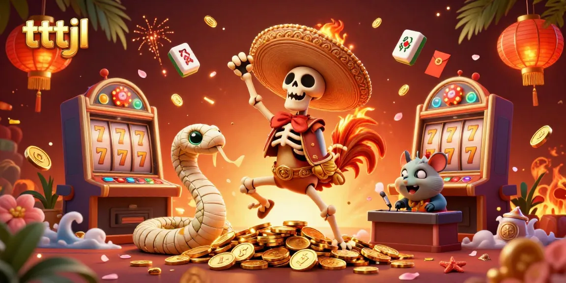 Experience thrilling wins with tttjl as a vibrant rooster celebrates on a pile of casino coins.