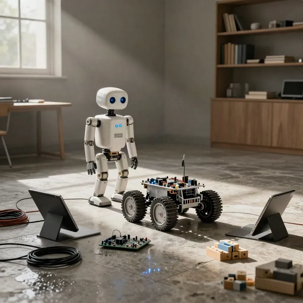 Pale taş kod sınıfında mini rover, robot şasisi ve modüller sabah ışığında.