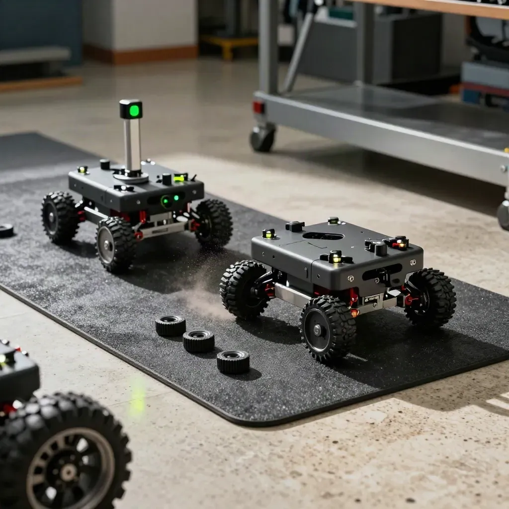 Kalibrasyon sonrası test matında iki küçük rover robot, yedek tekerlekler ve sensör kulesi.