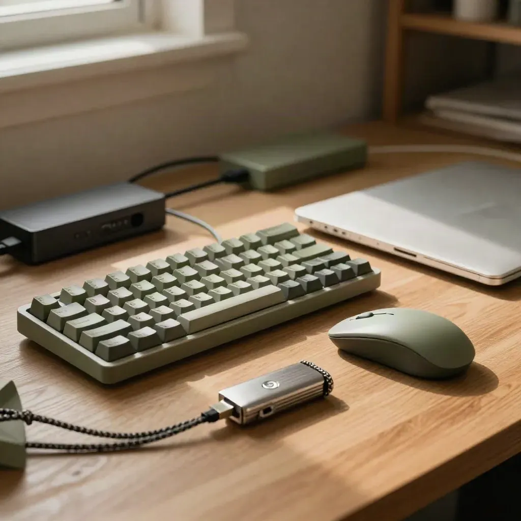 Düzenli bir bilgisayar köşesi; klavye, fare, USB bellek ve kapalı dizüstü bilgisayar.