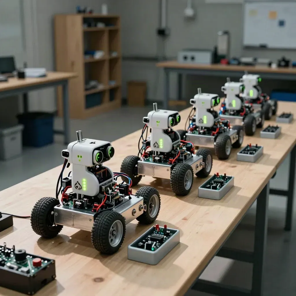Şarjda dizilmiş robot kulübü robotları ve sensör modülleri olan maker laboratuvarı.