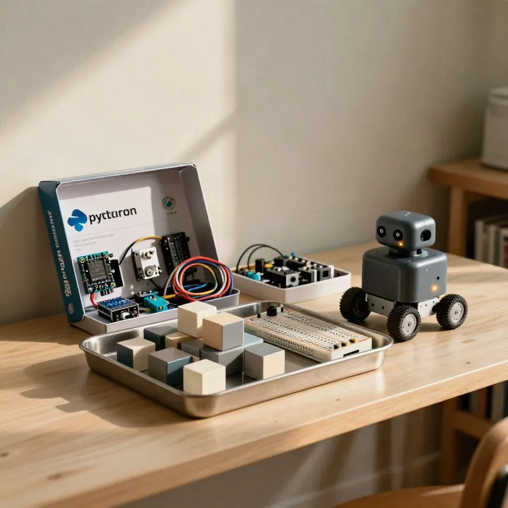 Pewter tepside blok kod küpleri, Python seti ve demo robotu olan sıcak sınıf köşesi.