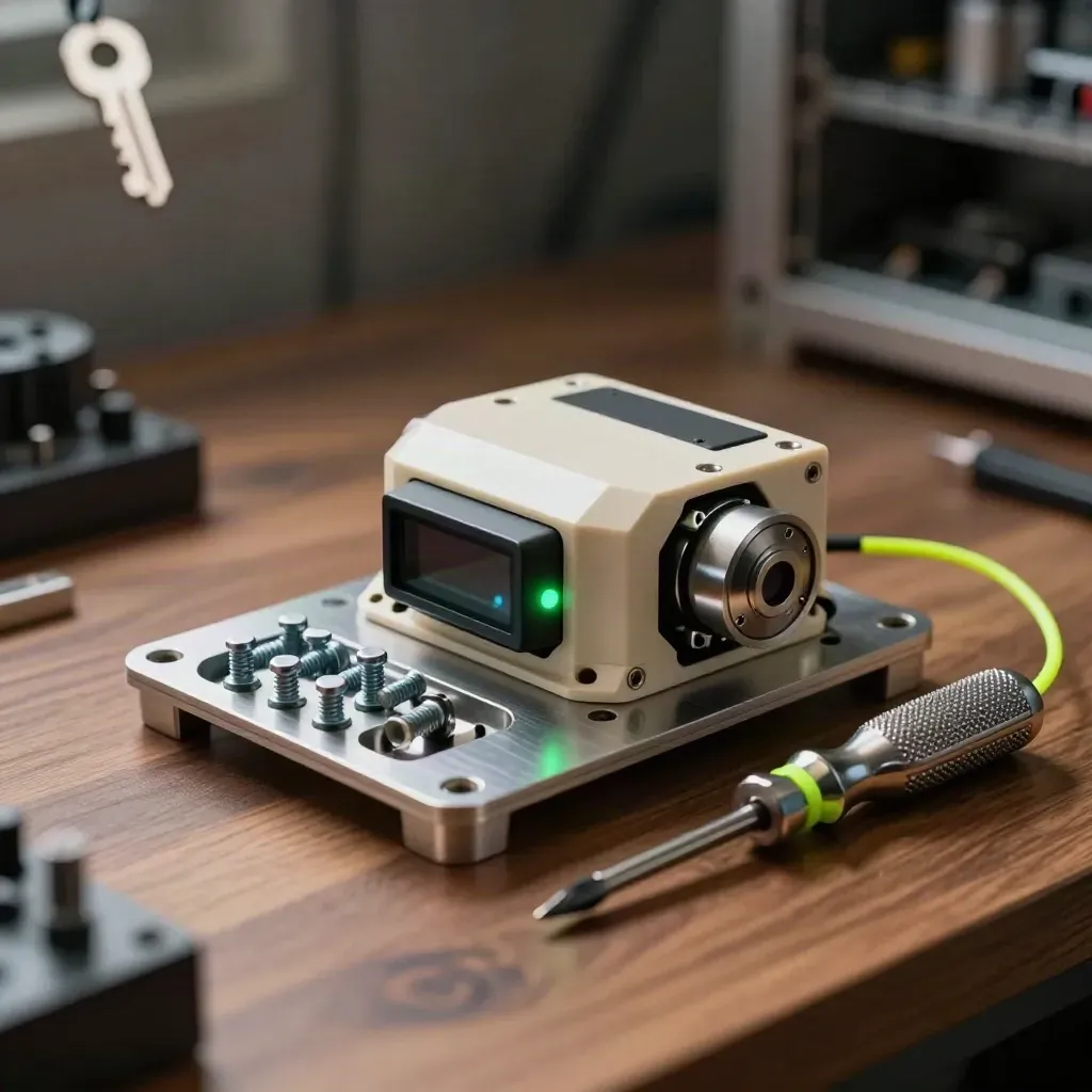 Walnut tezgâhta servo motorlu robotik montaj seti, dramatik ışıkla.