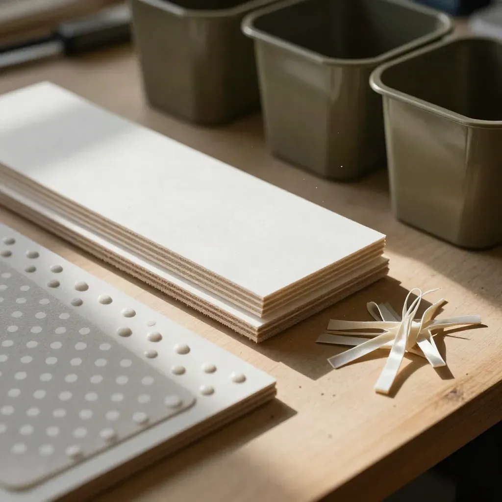 Foam board, plastik plakalar, renk kutuları ve beyaz kablo bağları yakın planda.