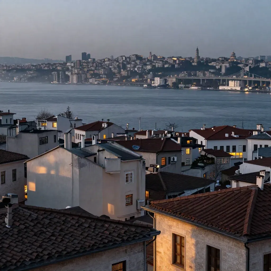 Bosphorus’a bakan Avrupa yakası, alçak sisli su ve üstte tarihi çatı silueti.