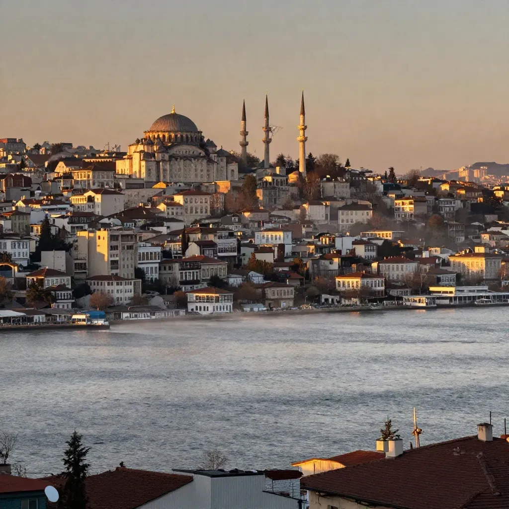 Gün batımında Çamlıca ve Boğaz kıvrımı, aşağıda sakin ve sisli İstanbul Anadolu silueti.