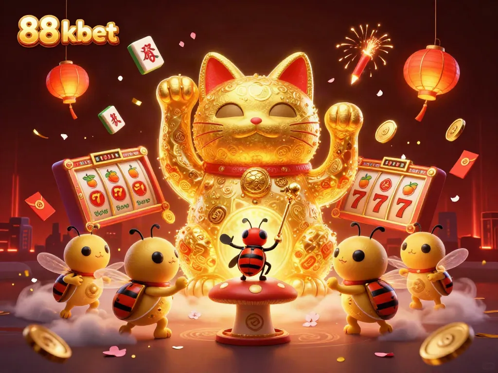 Experience the 88 kbet casino atmosphere with a lucky cat and vibrant game elements.