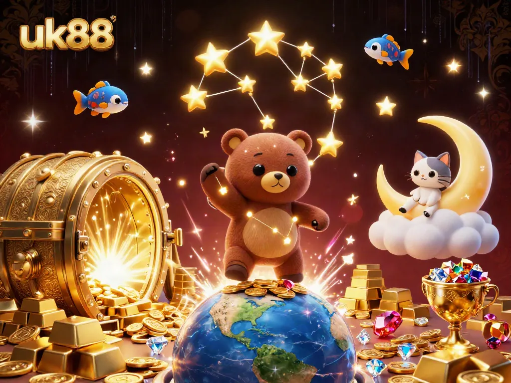 Engaging 3D casino-themed illustration featuring uk88 elements with a constellation bear and treasure.