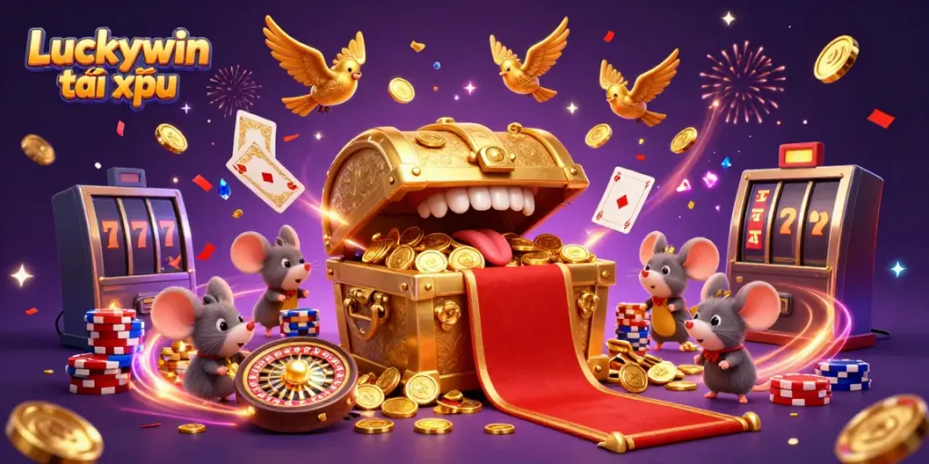 Experience the excitement of Luckywin tài xỉu with a treasure chest luring adventurers and dynamic casino elements.