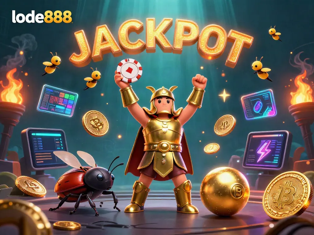 Experience the excitement of lode888 with a victorious beetle championing a poker chip, surrounded by glowing crypto coins.