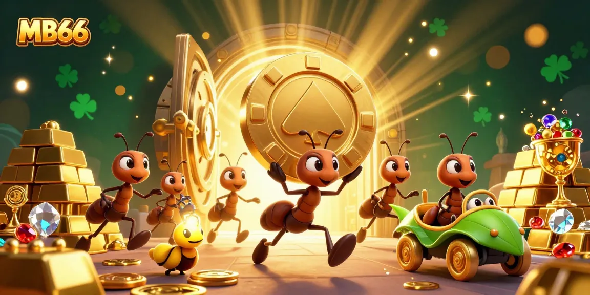 MB66 ants heist scene featuring a golden poker chip, vibrant jewels, and a firefly lookout.