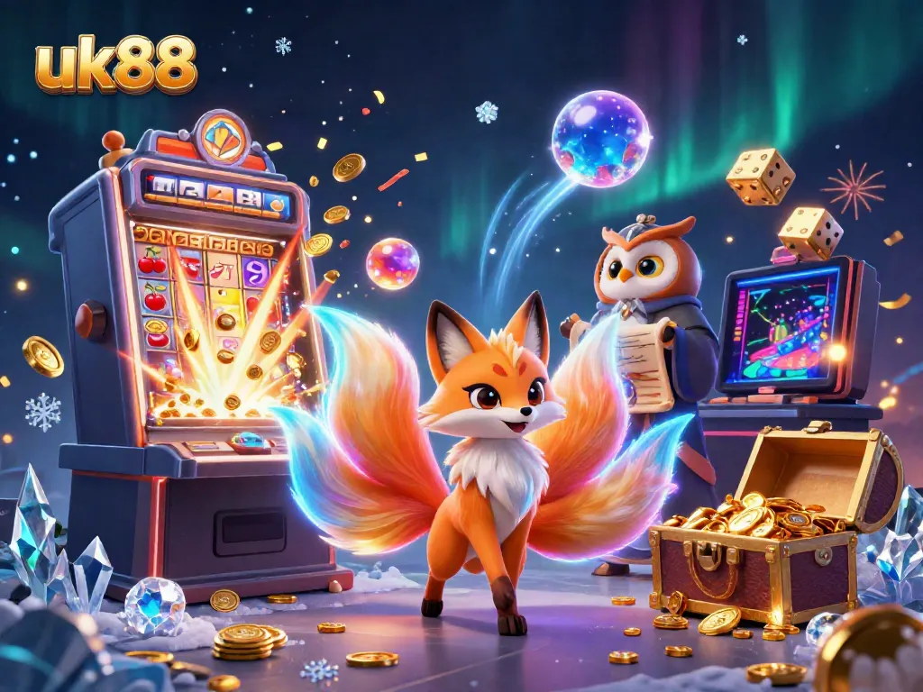 Experience the excitement of uk88 with a vibrant illustration featuring magical characters and casino elements.