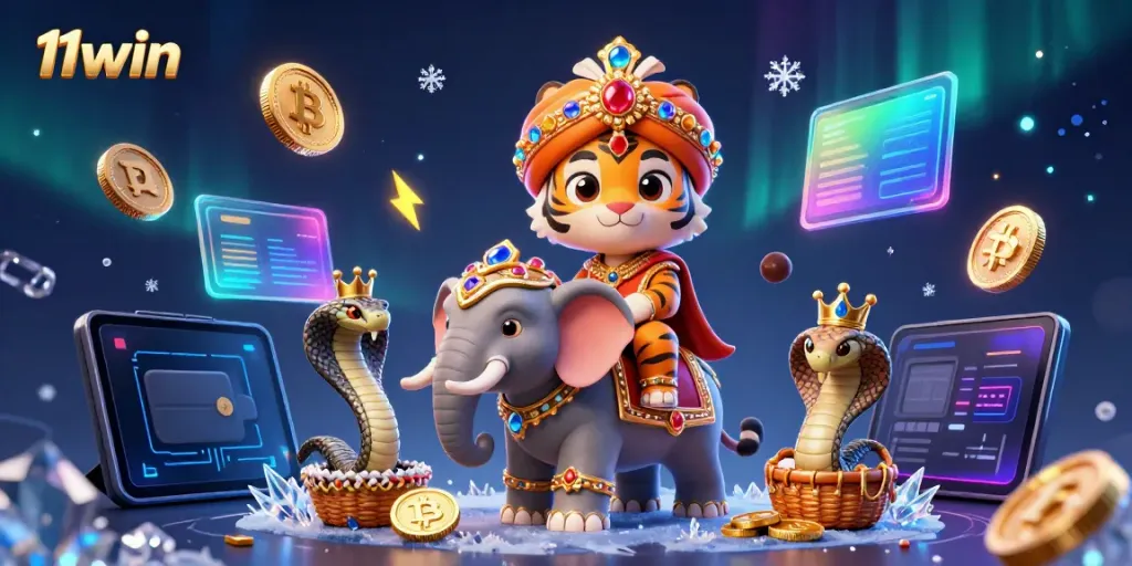 11win welcomes players with a vibrant casino scene of a maharaja tiger, a jewel elephant, and crypto elements.