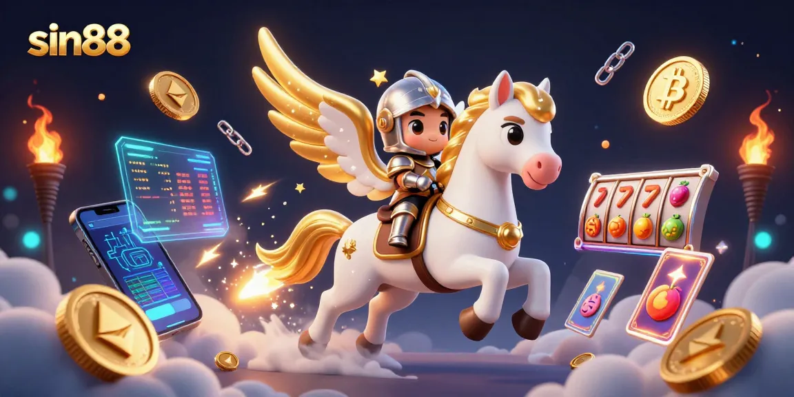 Experience the thrills of sin88 as a valiant knight rides a celestial horse amidst a world of dazzling crypto elements.