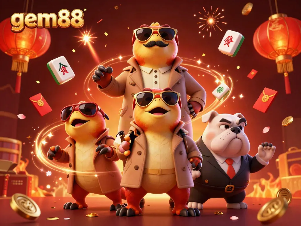 Experience gem88 with thrilling characters and festive casino elements in a vibrant illustration.