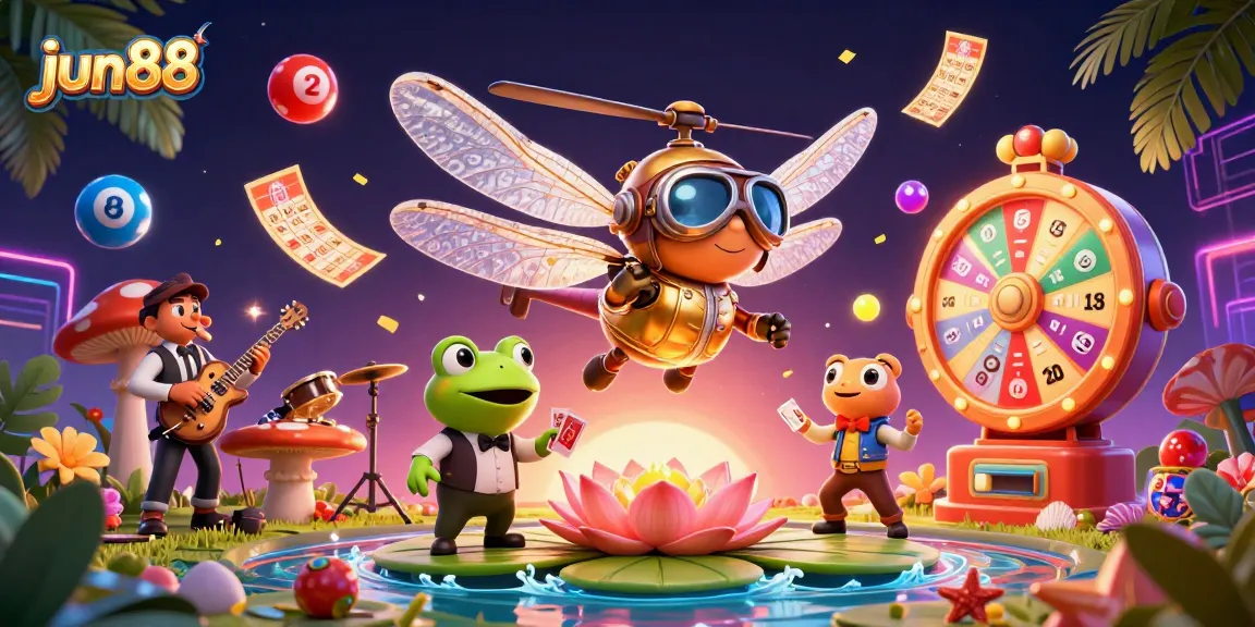 Engage with jun88 for thrilling gameplay at the vibrant lily pad casino, featuring a dynamic illustration.