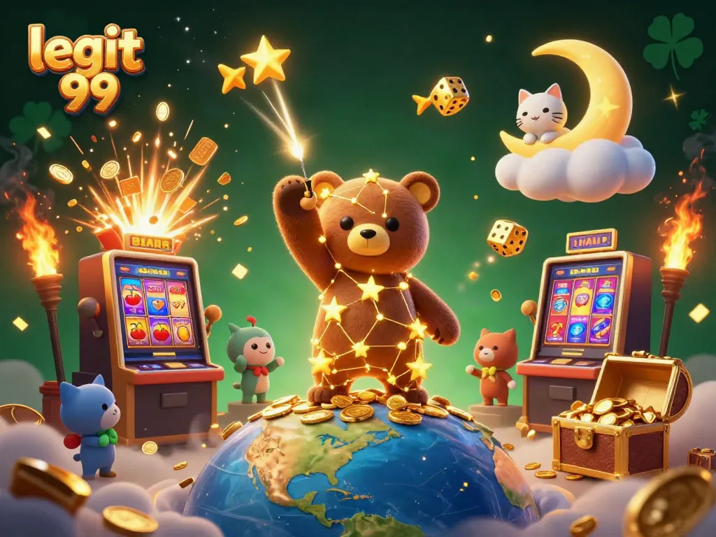 Experience the thrill of legit 99 with vibrant casino elements, golden coins, and festive characters.