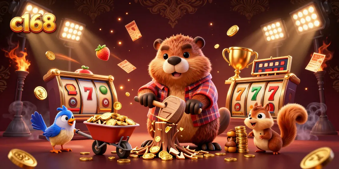 Spin the reels at c168 while a beaver collects gold coins in a vibrant casino scene.