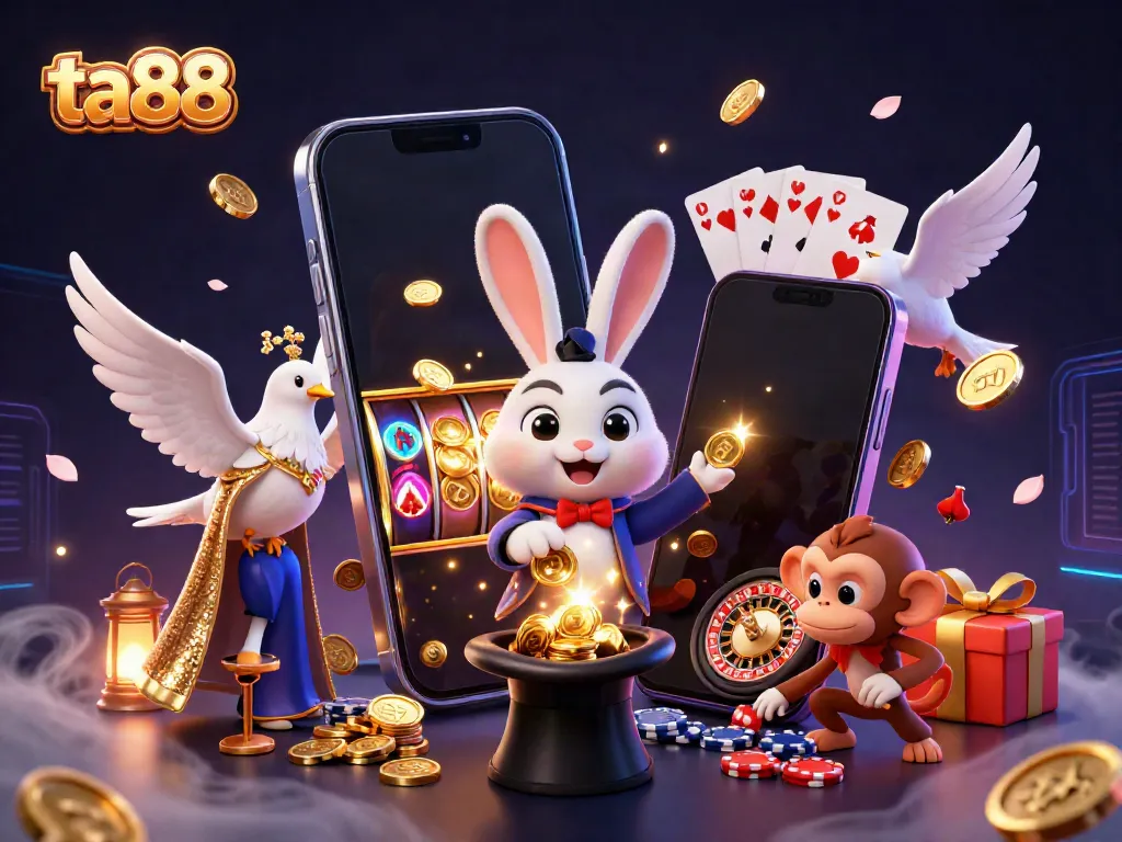 Experience ta88's vibrant gaming world with a magician rabbit, coins, and poker fun.