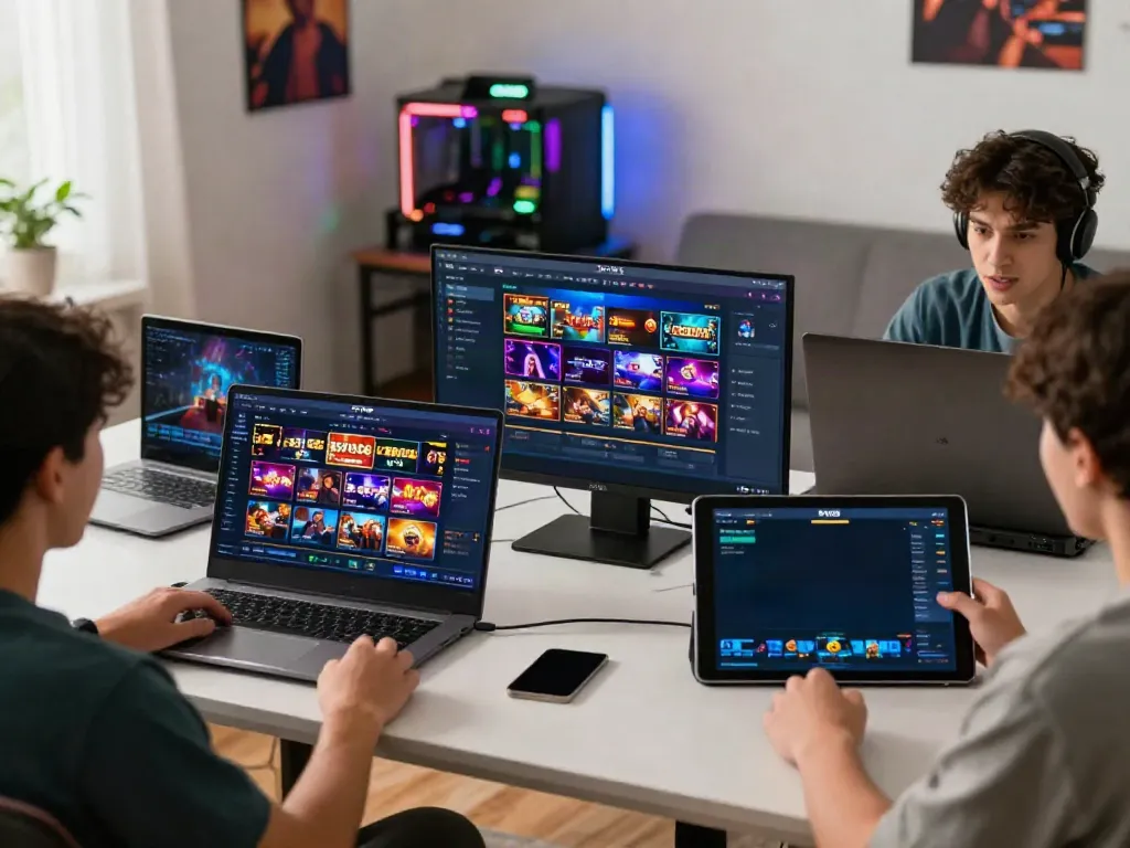 Users enjoying SKY88 gaming platform on multiple devices in a vibrant home setup.