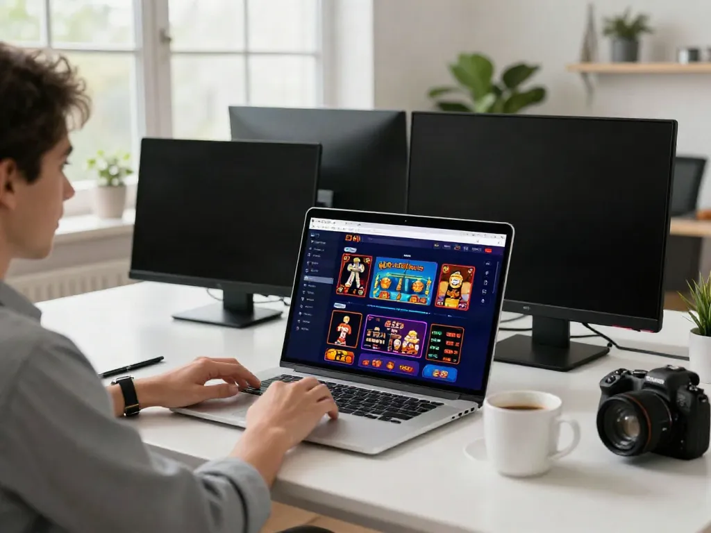 Engaged user on https://ku88v1.com/ using a laptop for online betting.