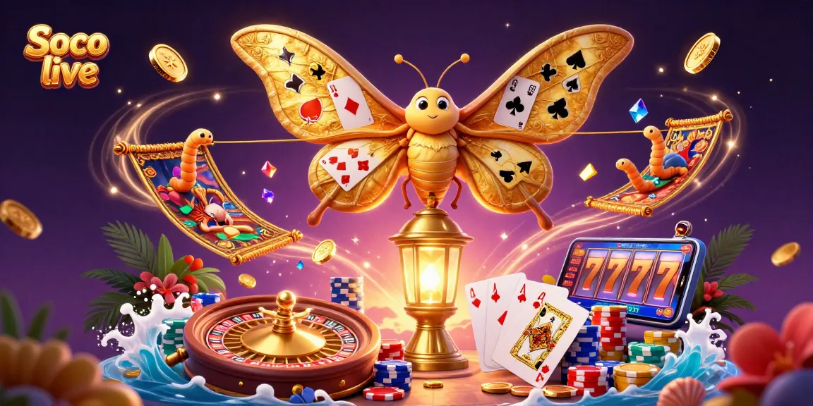 Experience gaming excitement with Soco live's majestic golden moth amidst vibrant casino elements.
