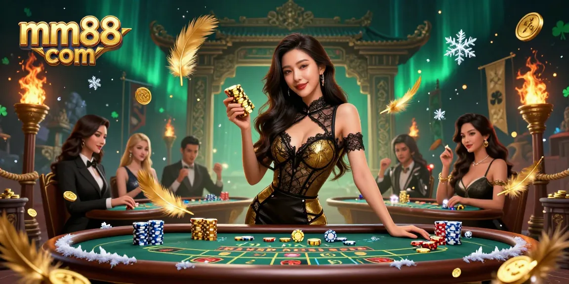 Experience the thrilling world of mm88 com at a VIP baccarat table with glamorous players and golden chips.