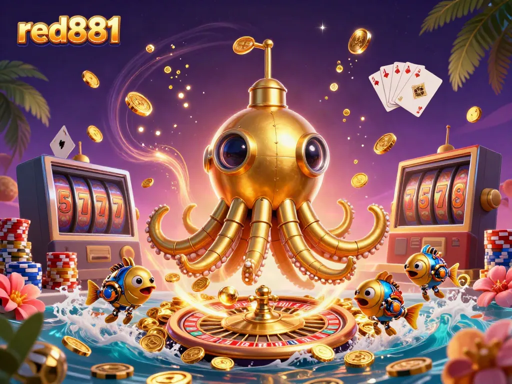 Experience the thrill of red881 with a dynamic 3D casino scene featuring a kraken submarine and vibrant gaming elements.