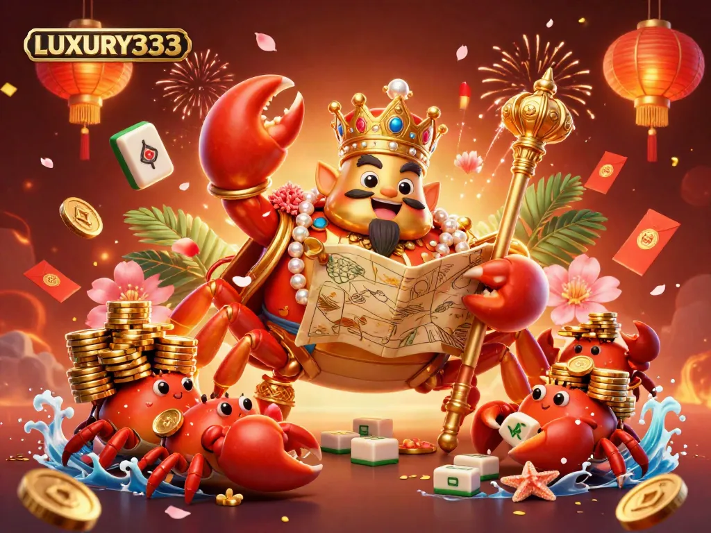 Experience thrilling gameplay at LUXURY333 with a vibrant crab emperor commanding a treasure-filled casino scene.