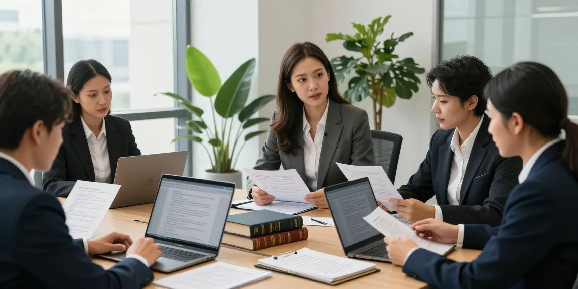 Legal professionals discussing their explanation of complex cases in a bright office.