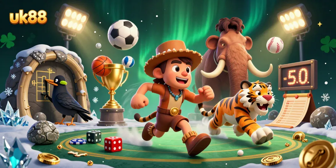 uk88 ignites excitement with a 3D caveman casino witnessing thrilling sports action.