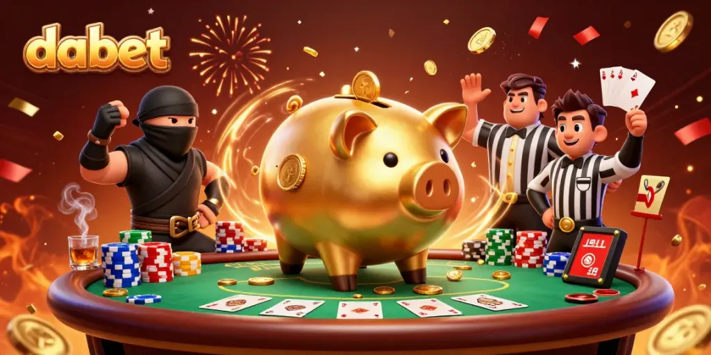 Engage in exciting gameplay with DABET's vibrant casino scene featuring cartoon characters and poker elements.