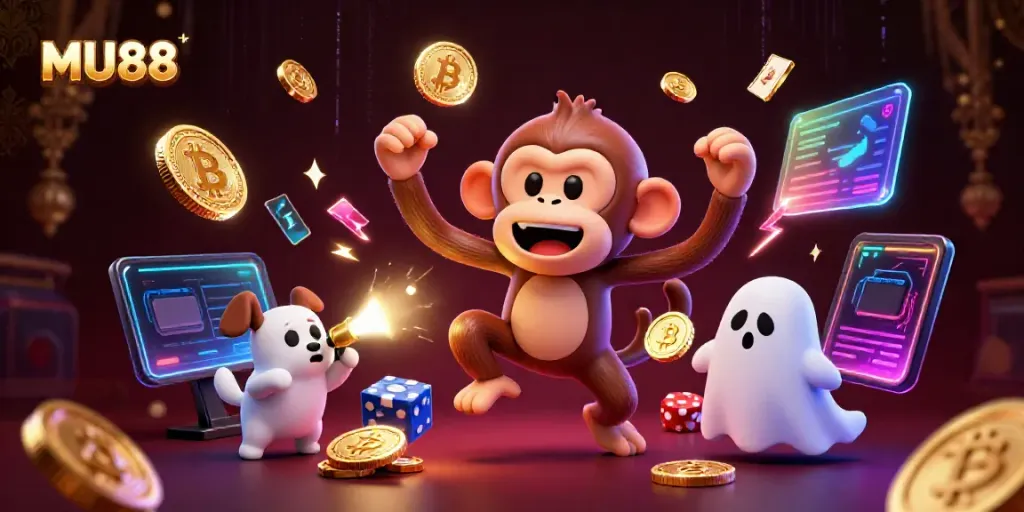 Engage with MU88's thrilling casino atmosphere featuring a playful poltergeist monkey and a ghost-hunter puppy tracking golden treasures.