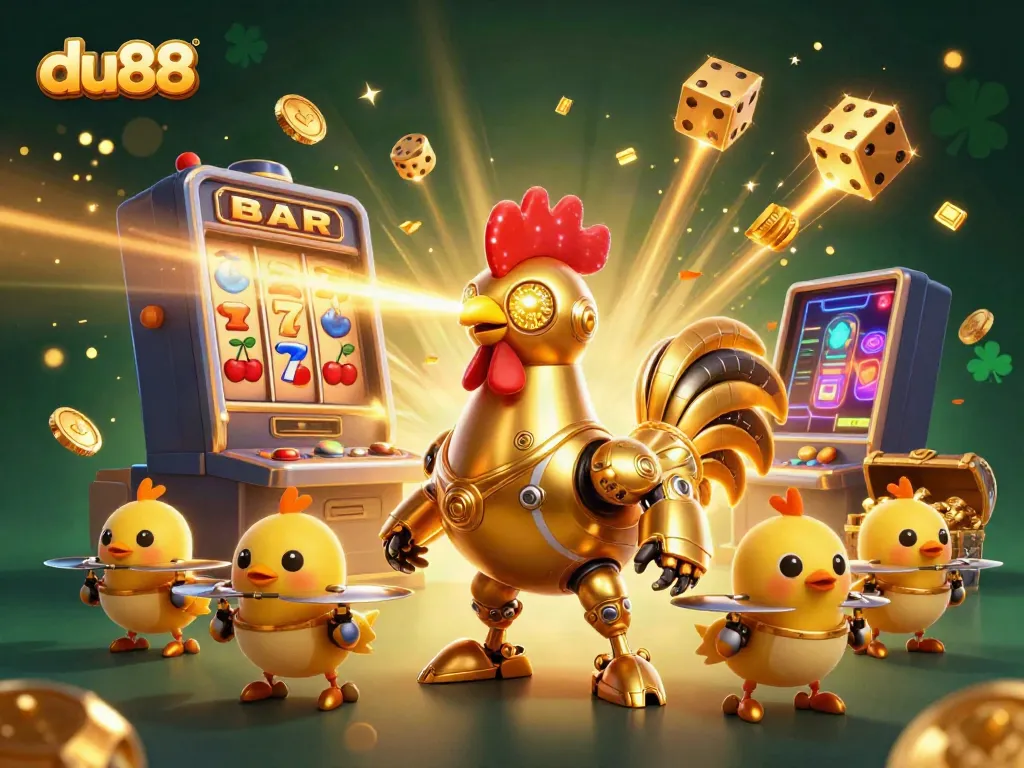 Engage in thrilling gaming at du88 with a dynamic 3D casino scene showcasing slots, jackpots, and a golden rooster robot.