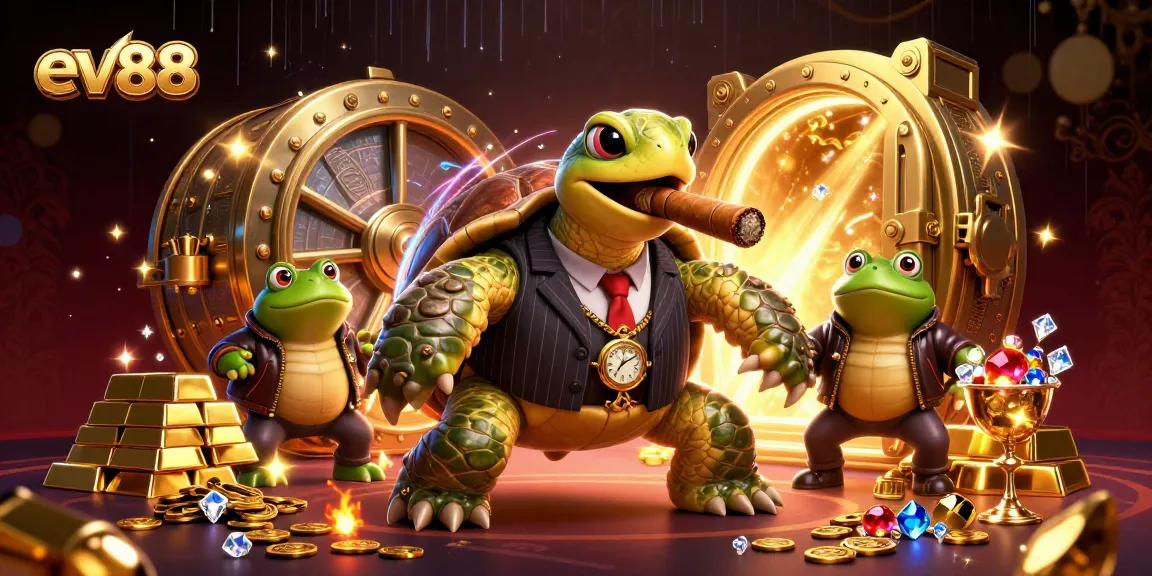 Win big at ev88 with vibrant game action featuring a cartoon snapping turtle and bullfrog enforcers.