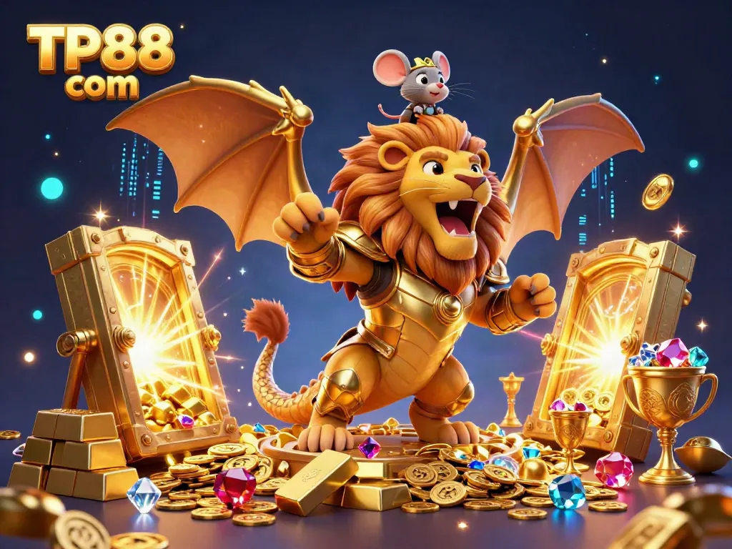 Experience thrilling wins at TP88 com with vibrant visuals of a majestic chimera and treasures.