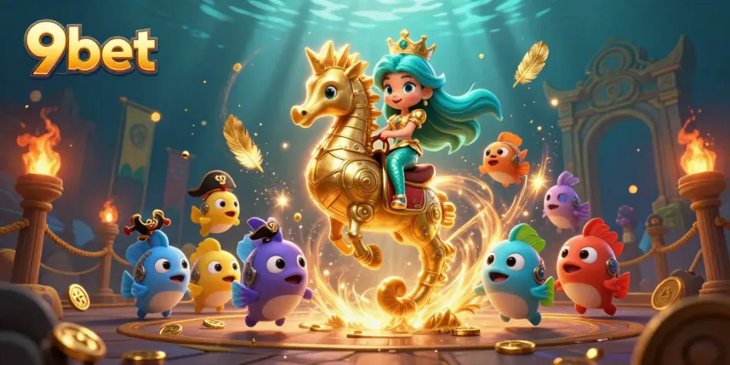 Experience the vibrant underwater realm of 9bet with a mermaid princess and her seahorse companion amidst gold coins and dramatic effects.