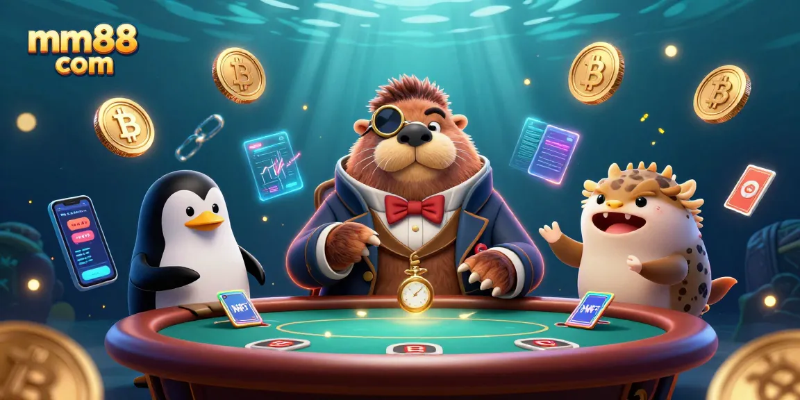 Join the thrilling action at mm88 com with a jolly walrus poker player at an underwater casino table.