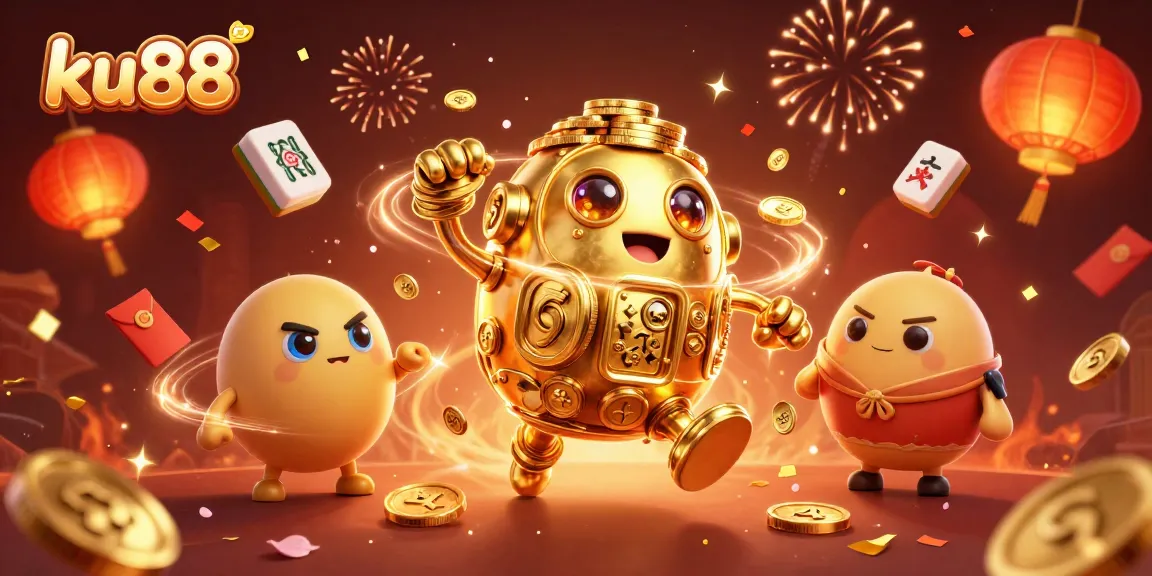 ku88 gamegoers enjoy vibrant action with a golden golem and mahjong tiles in an electrifying casino atmosphere.