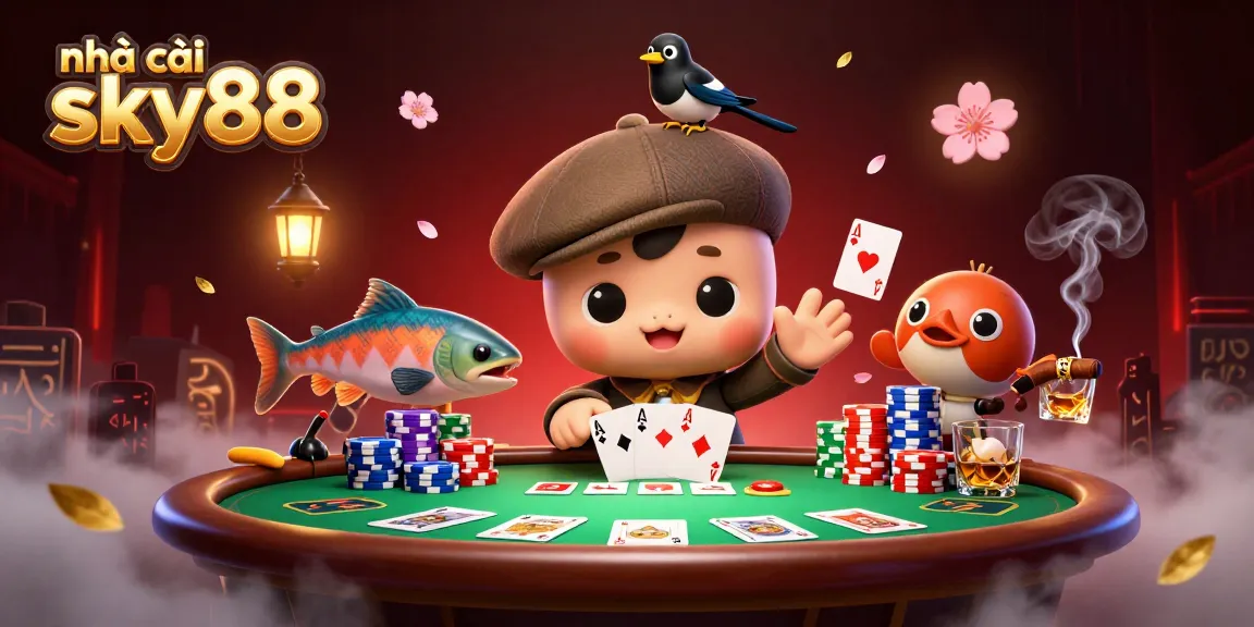 Capture fun moments at nhà cái sky88 with a lively poker-themed illustration featuring Nessie and friends.