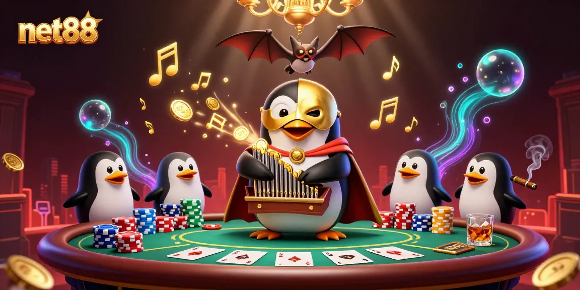 Experience the thrill of net88 with vibrant casino action featuring penguin and acrobat in a colorful poker scene.
