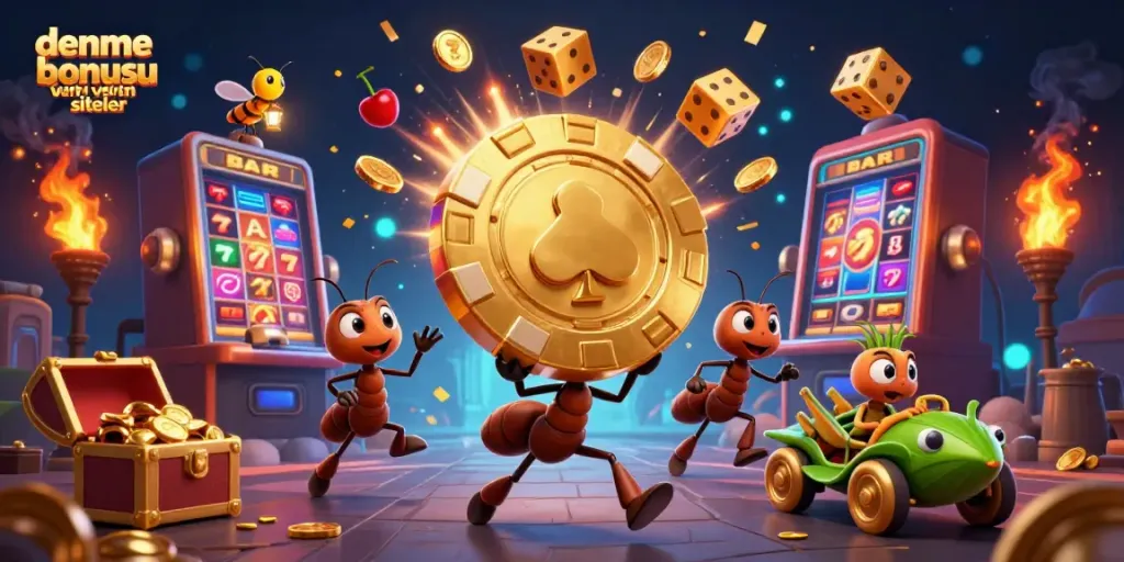 Ants running a heist with a golden poker chip in a dynamic casino-themed 3D illustration for deneme bonusu veren siteler.
