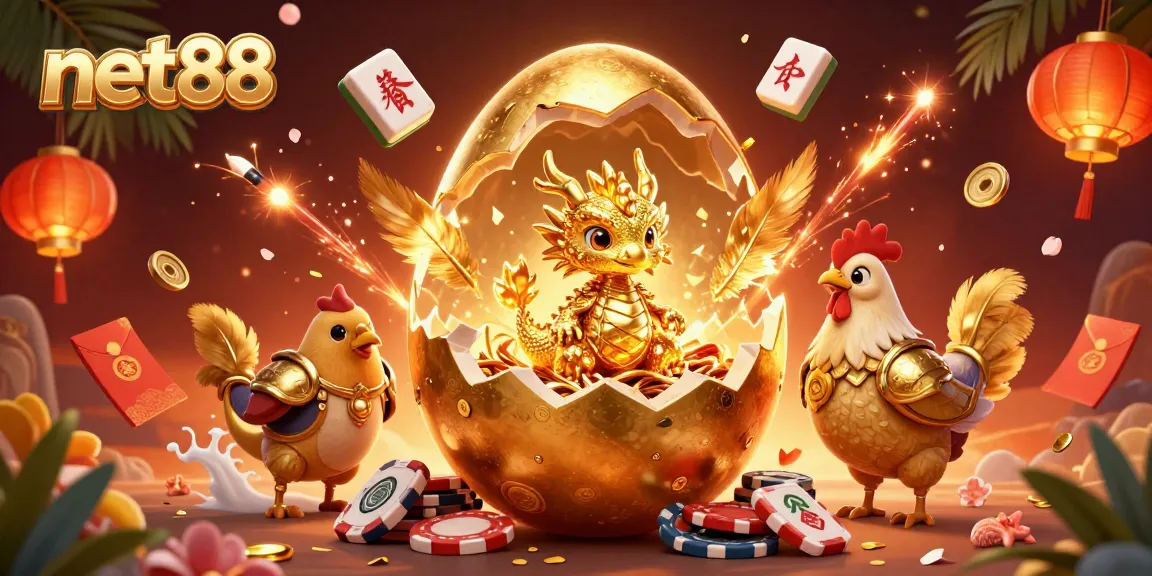 Engage with net88's thrilling atmosphere featuring a golden dragon, poker chips, and festive elements
