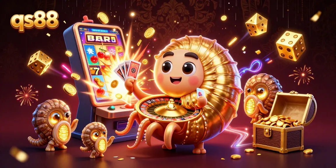 Spin the reels with qs88's vibrant 3D casino scene showcasing a nautilus roulette wheel and slot machine explosion.