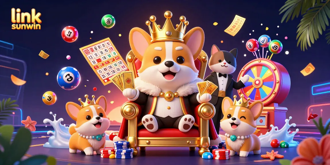 Engage with link sunwin in a vibrant casino scene filled with colorful lottery elements and lively characters.