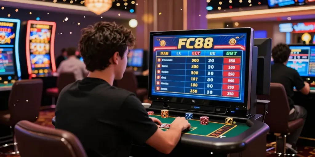 Player engaged in live betting at FC88 online casino, showcasing excitement and vibrant graphics.