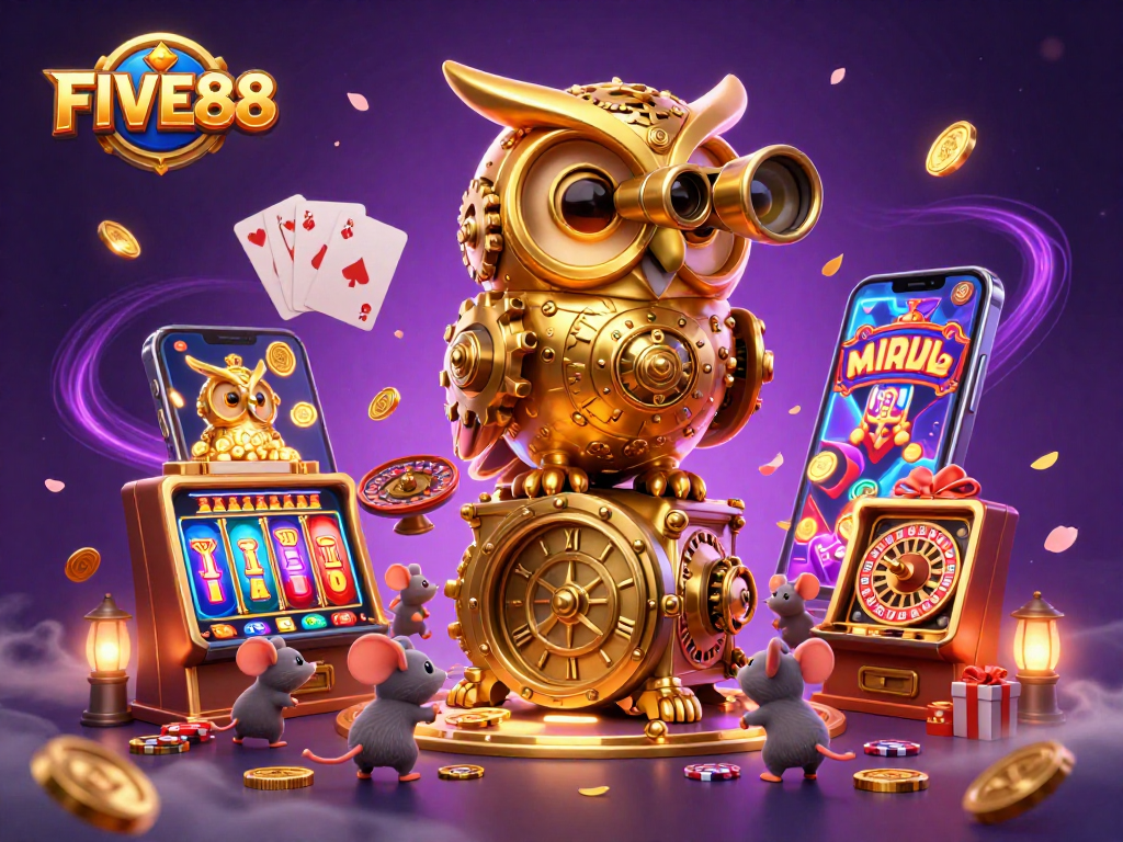 Experience the thrill of gaming at FIVE88 with our stunning 3D casino illustration featuring immersive elements and interactions.