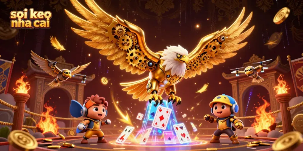 Engaging scene of soi keo nha cai with a cybernetic golden eagle diving amidst holographic playing cards.