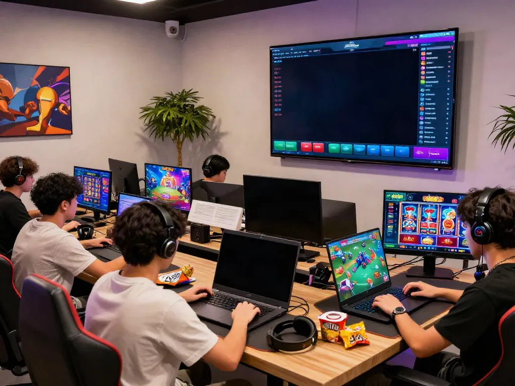 Nohuwin online gaming scene with players on laptops and smartphones in a modern lounge.