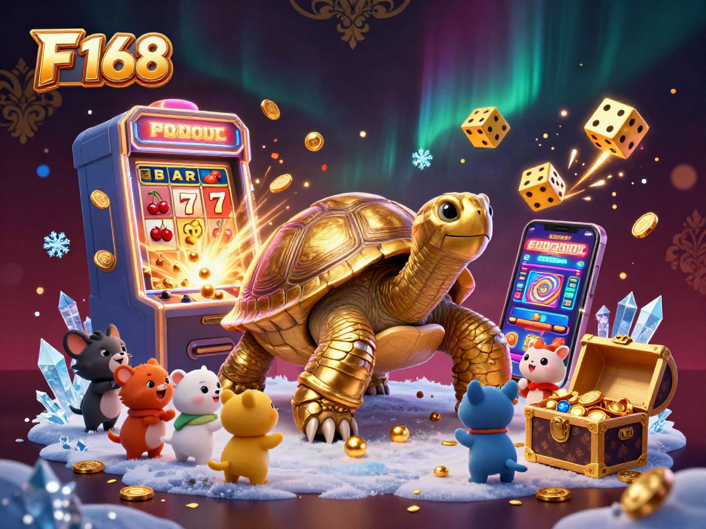 Play exciting games at F 168 with a lively 3D scene featuring a golden tortoise and jackpot symbols.